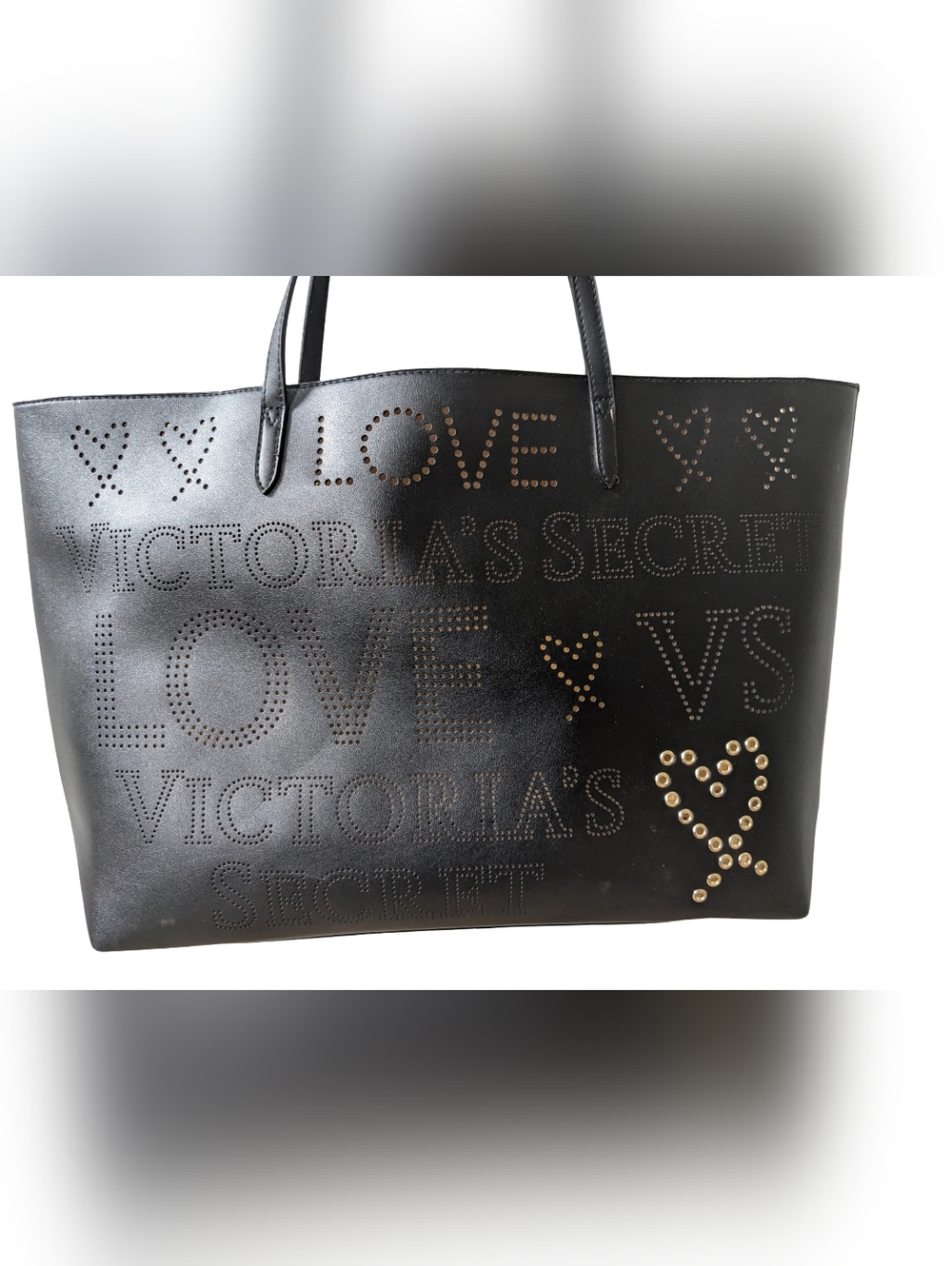 Victoria's Secret Roomy Black Gold Tote Bag Perforated Logo Embellished Heart